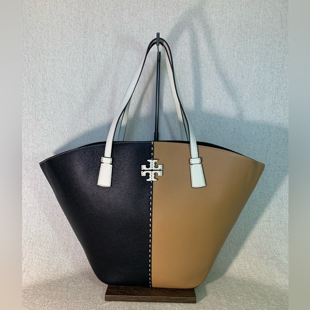 NEW Tory Burch McGraw Tiramisu Tan/Black Color Block Large Leather Tote Bag - Picture 2 of 14